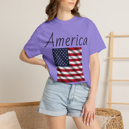 Lavender unisex T-shirt with 'America' script and US flag graphic on front