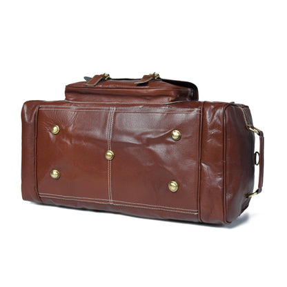 Brown leather weekender duffel with brass studs, top handle, and side zipper pocket