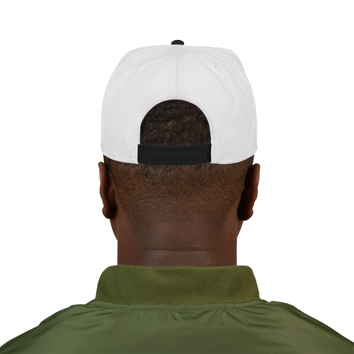 White snapback baseball cap with back strap and ventilation eyelets