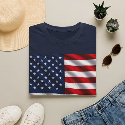 Navy T-shirt with American flag graphic, blue stars and red striped panel