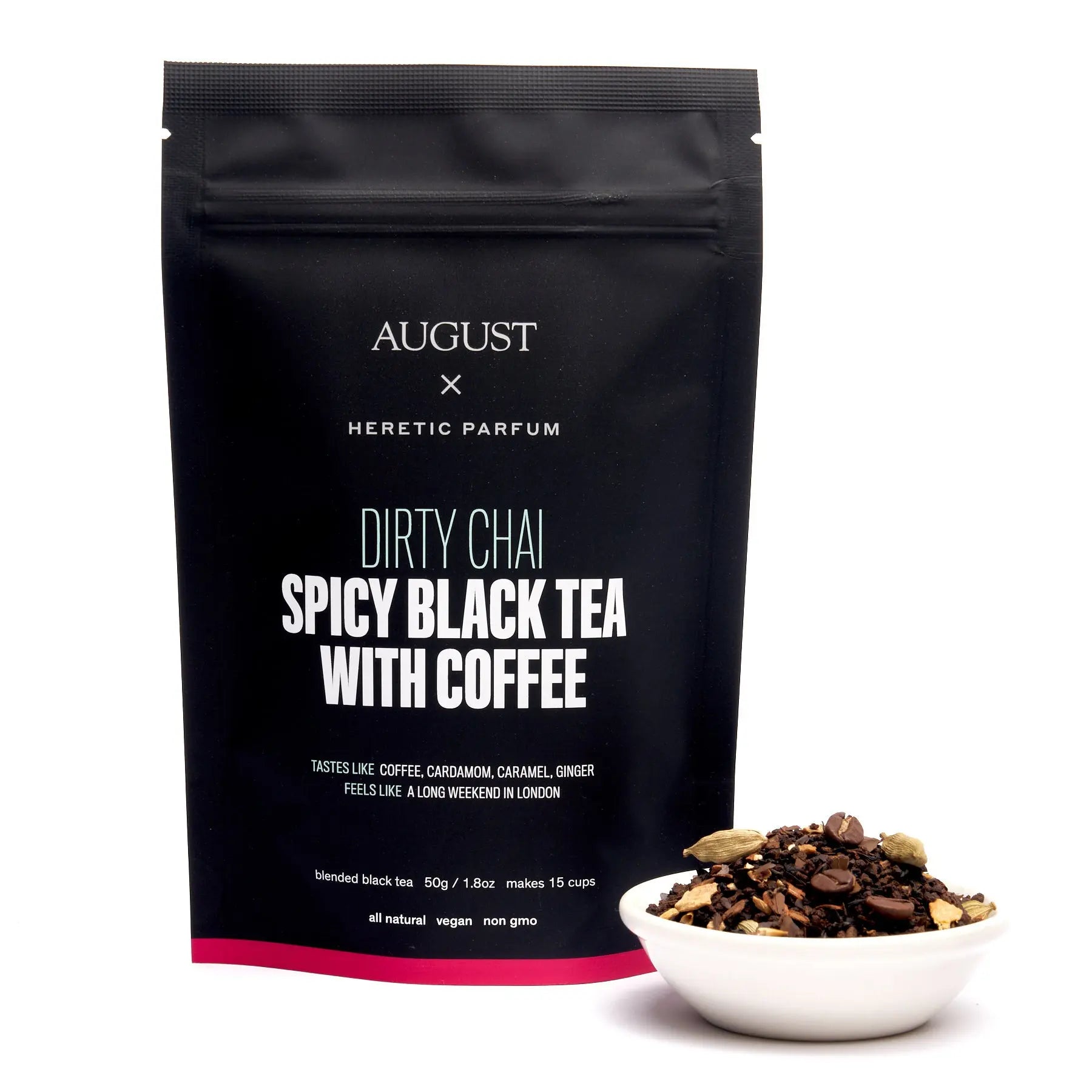 Black tea pouch labeled AUGUST with small bowl of dark spicy black tea and coffee