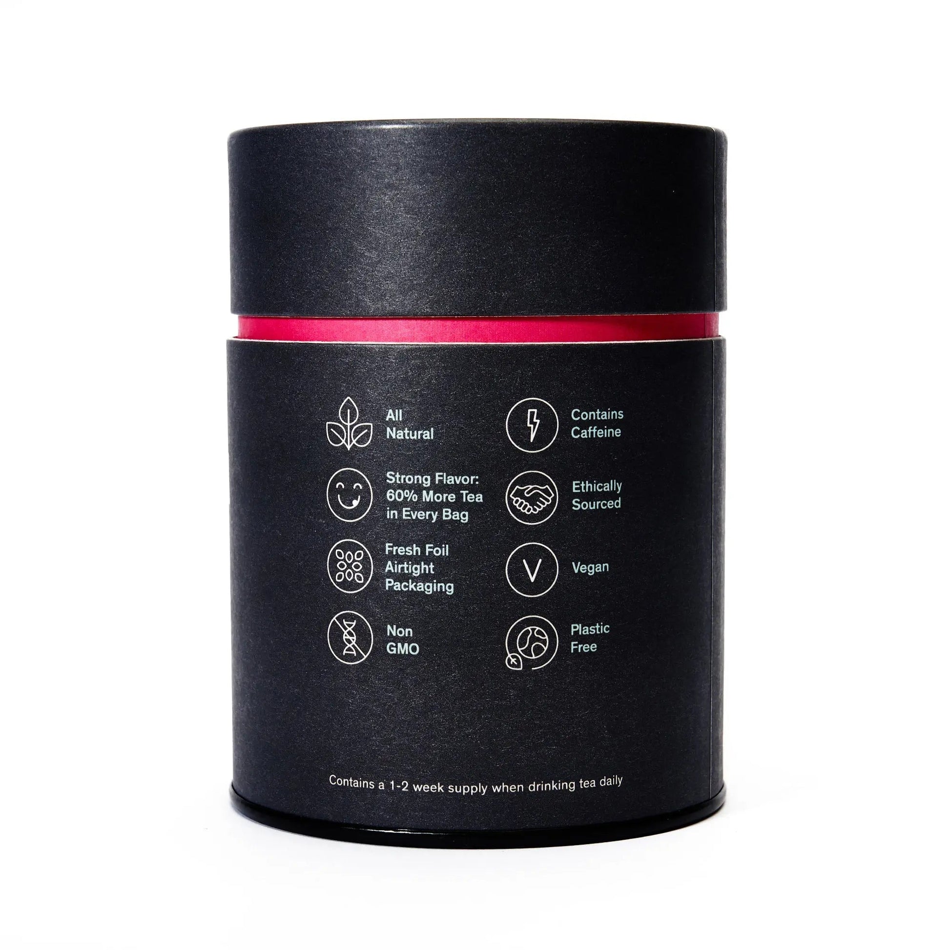 Black tea tin back panel with ingredient and vegan icons