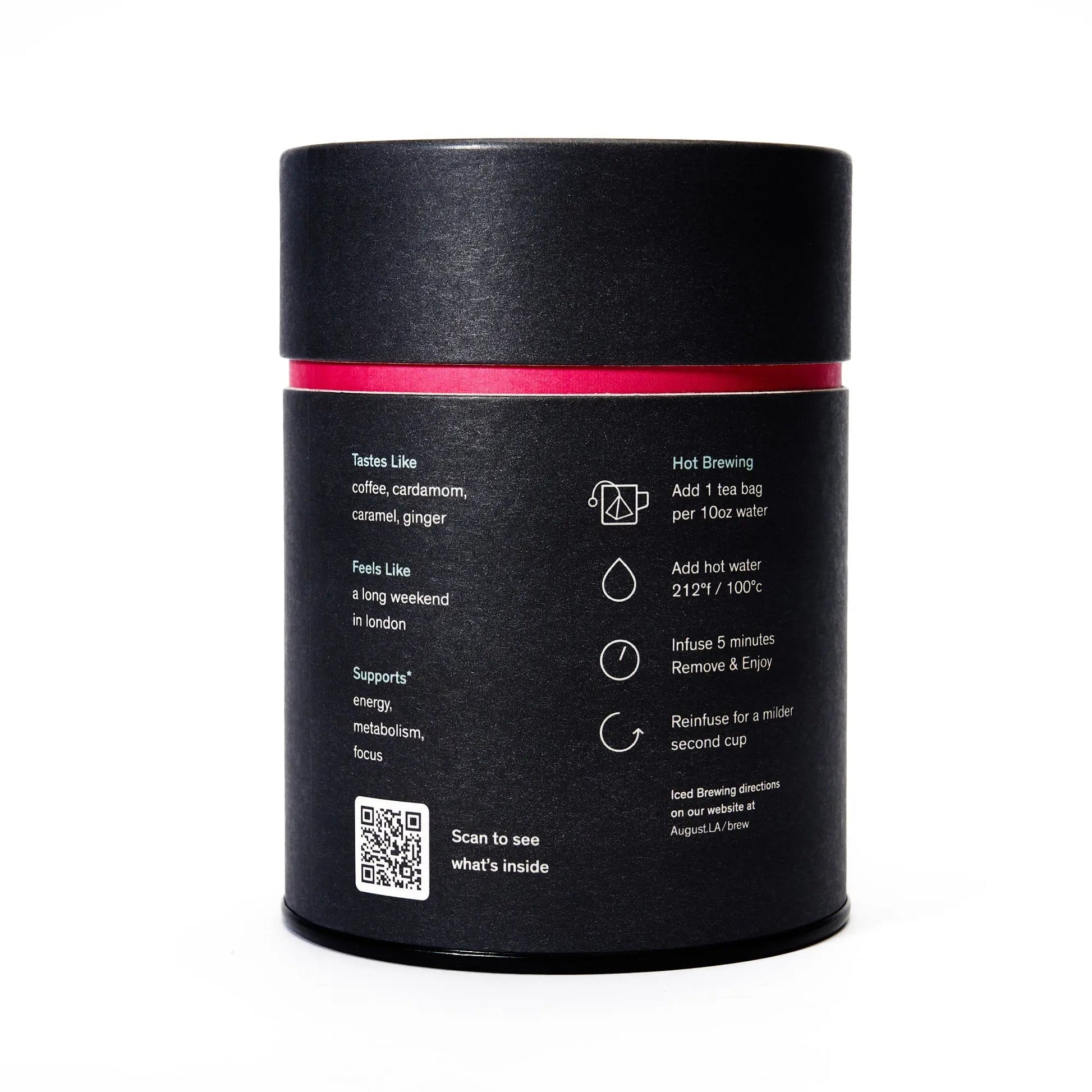 Black tea tin back panel with brewing instructions and QR code