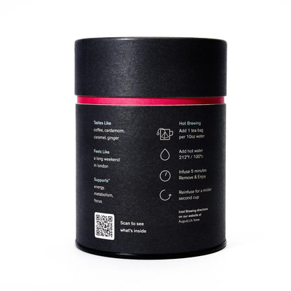 Black tea tin back panel with brewing instructions and QR code