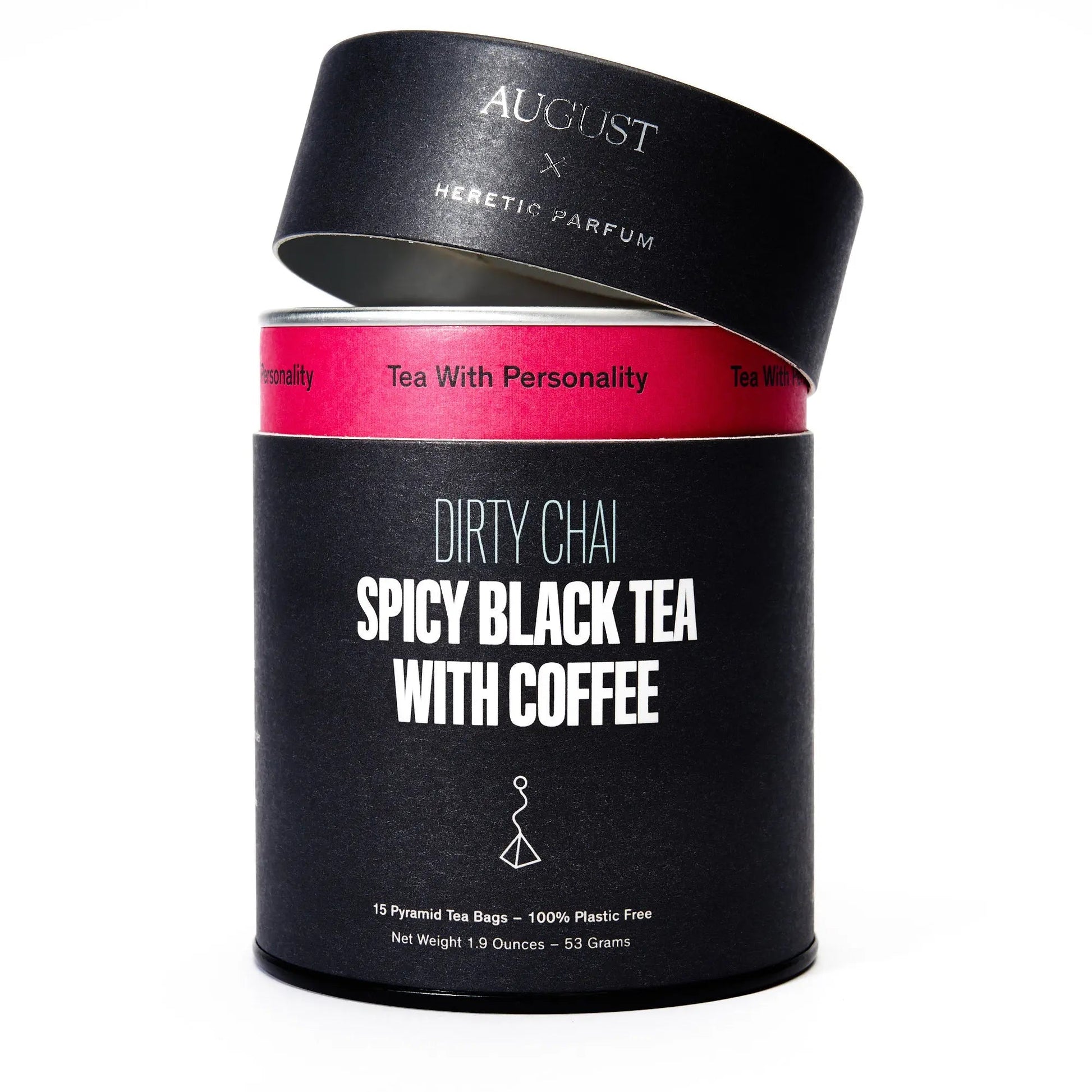 Black tea tin with pink band and Dirty Chai label, 15 pyramid tea bags