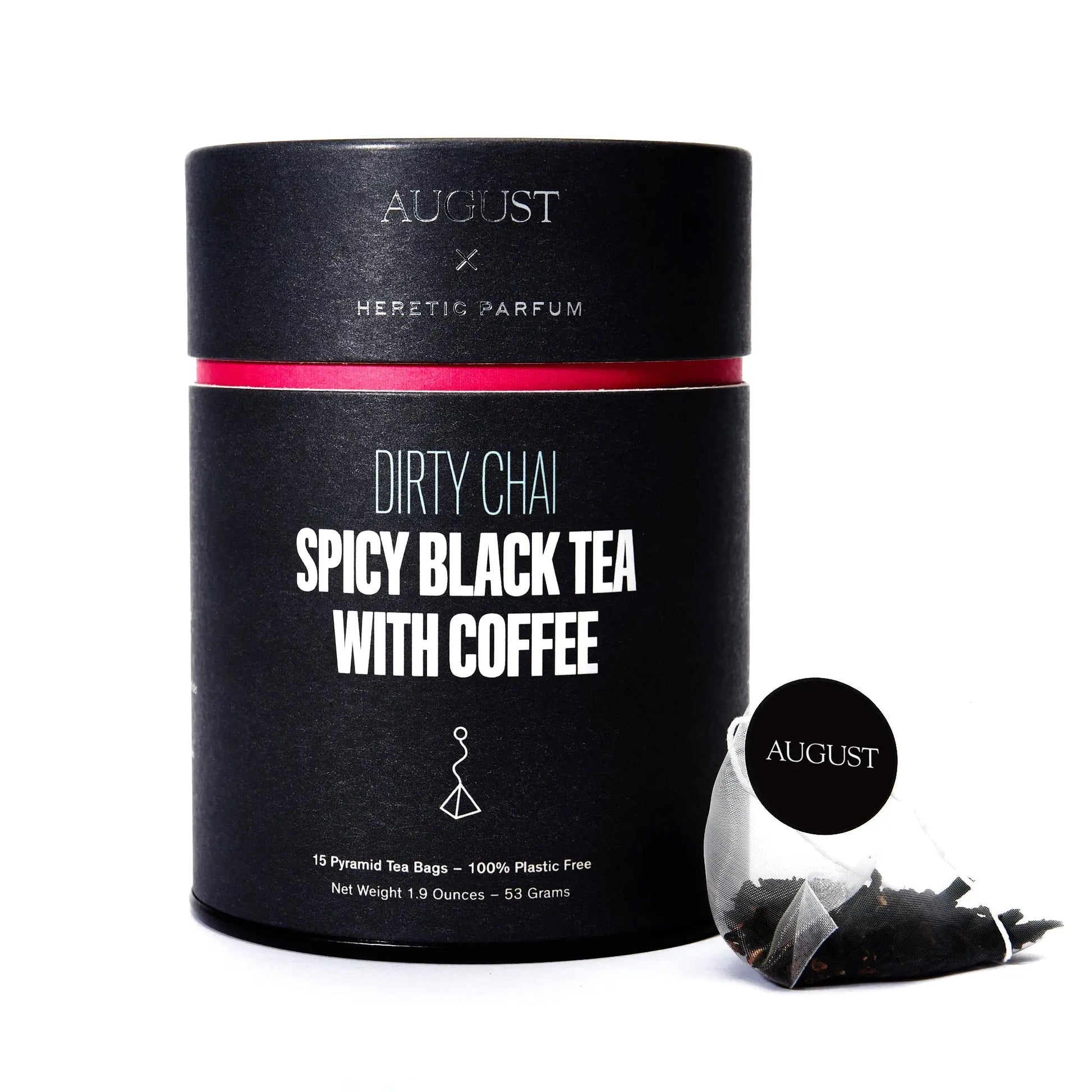 August Dirty Chai tea tin, black with pink band and label