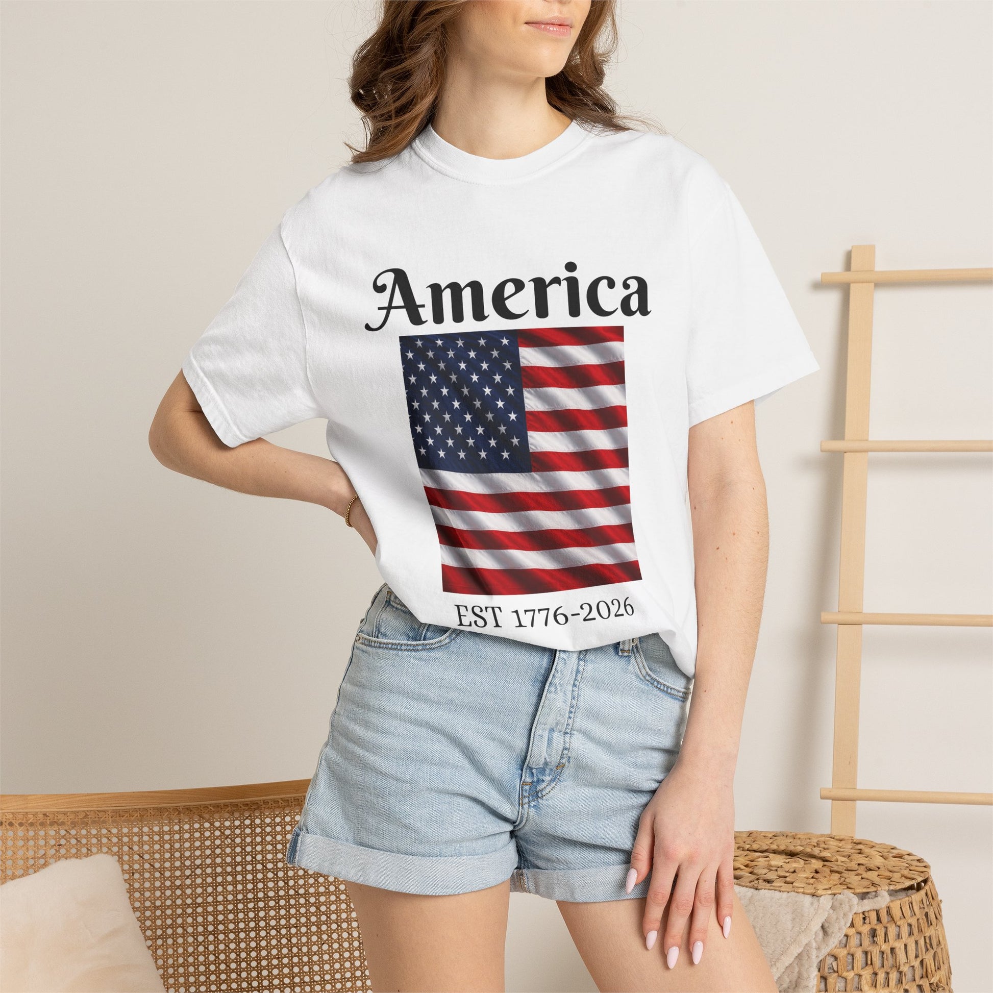 White crewneck T-shirt with "America" script and American flag front graphic