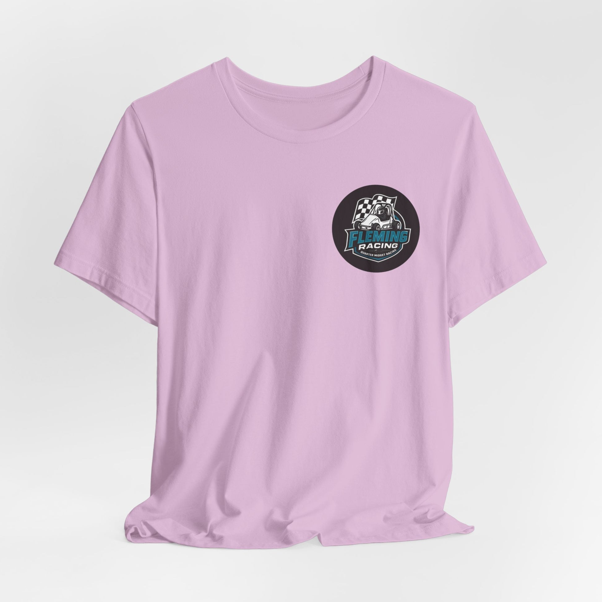 Light pink racing logo T-shirt with small circular emblem on the chest