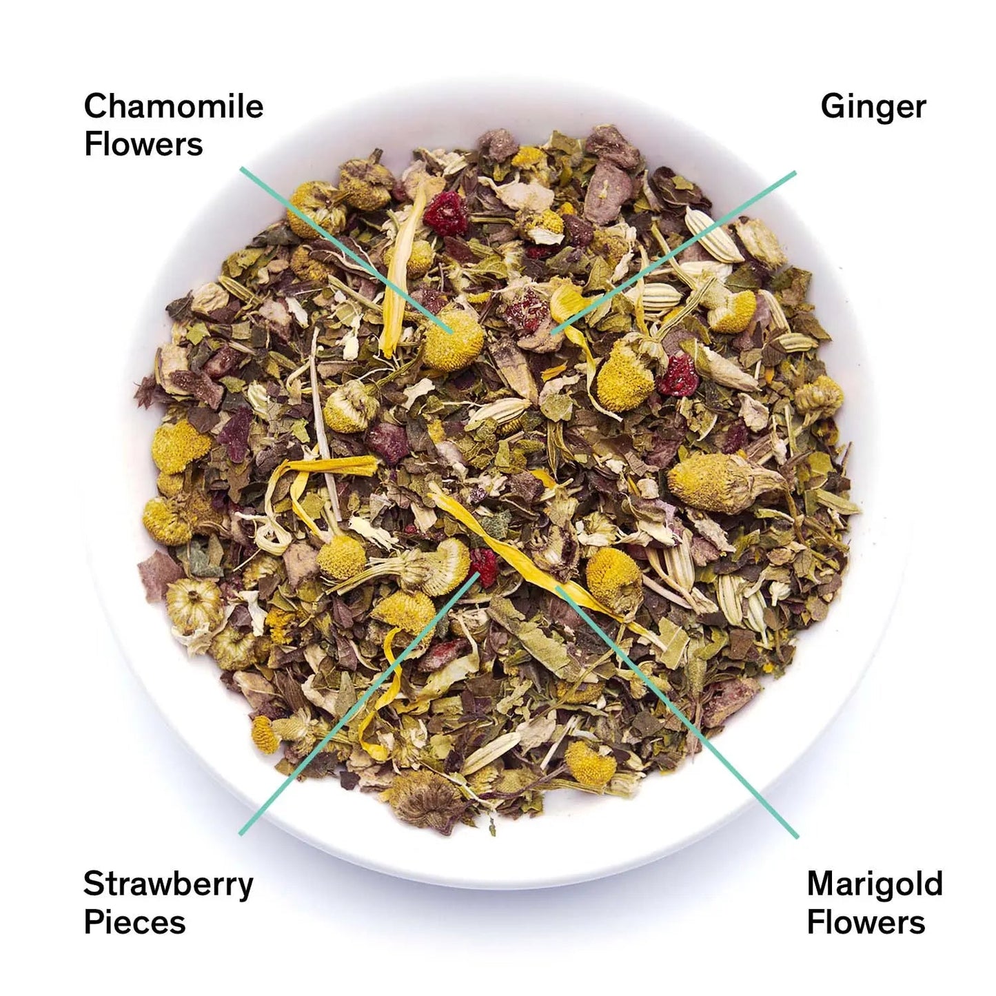 Dried herbal tea blend in bowl: chamomile, ginger, marigold flowers, strawberry pieces