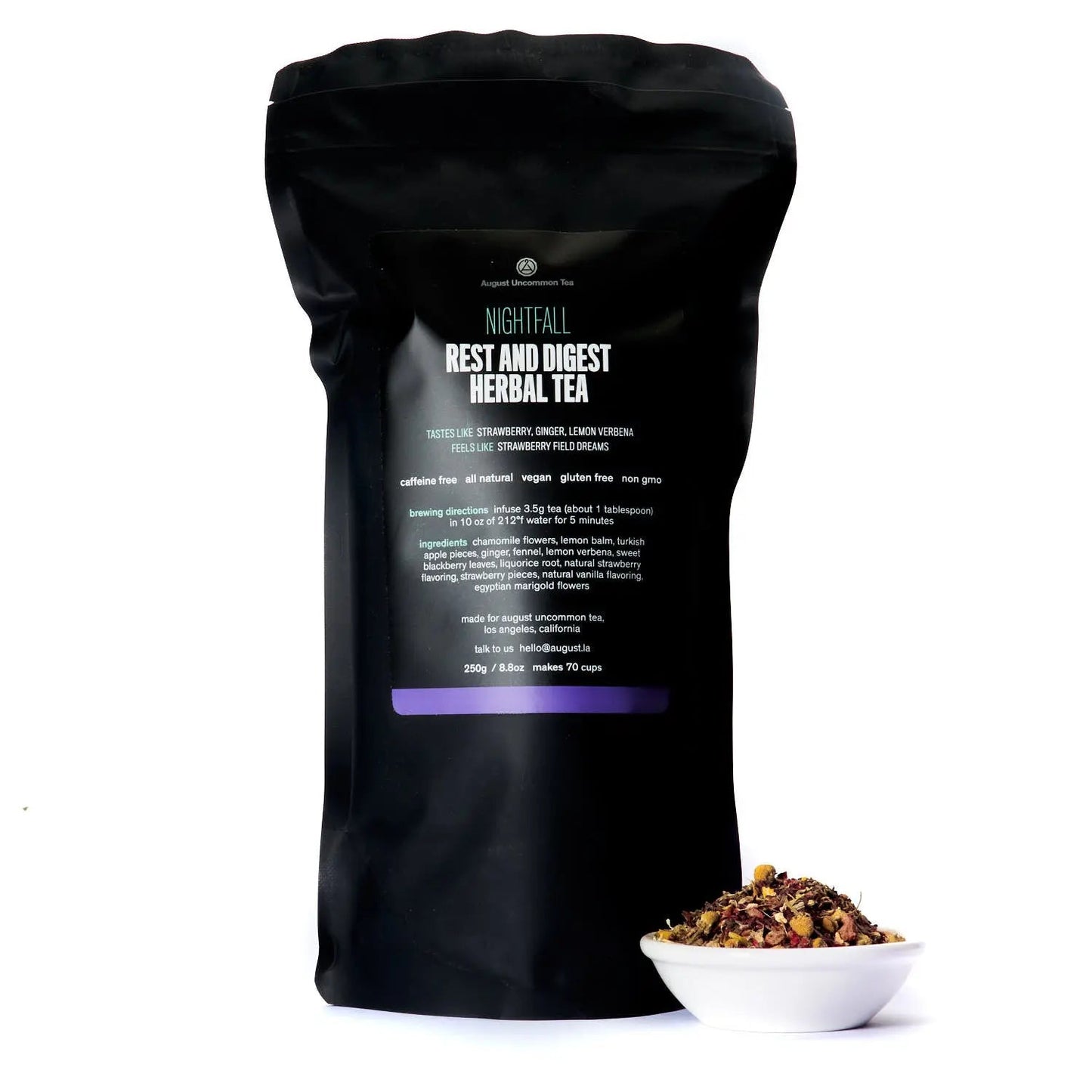 August herbal tea pouch back with bowl of dried herb mix