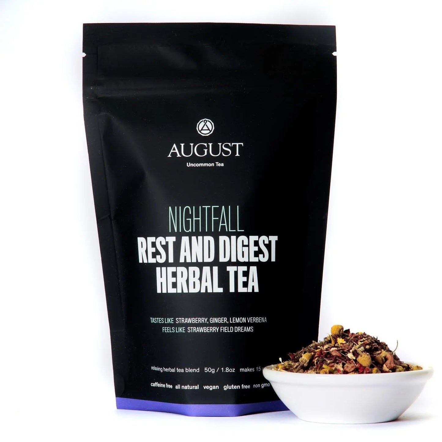 August rest and digest herbal tea pouch with bowl of dried herb mix