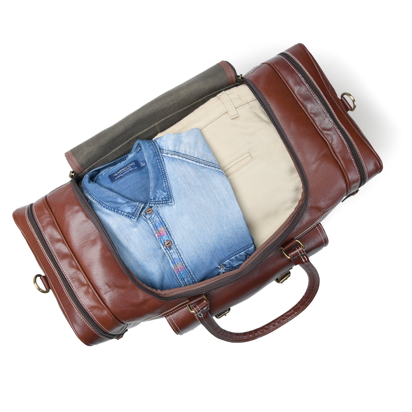 Brown leather-look duffel with open top, interior pocket, and shoulder strap