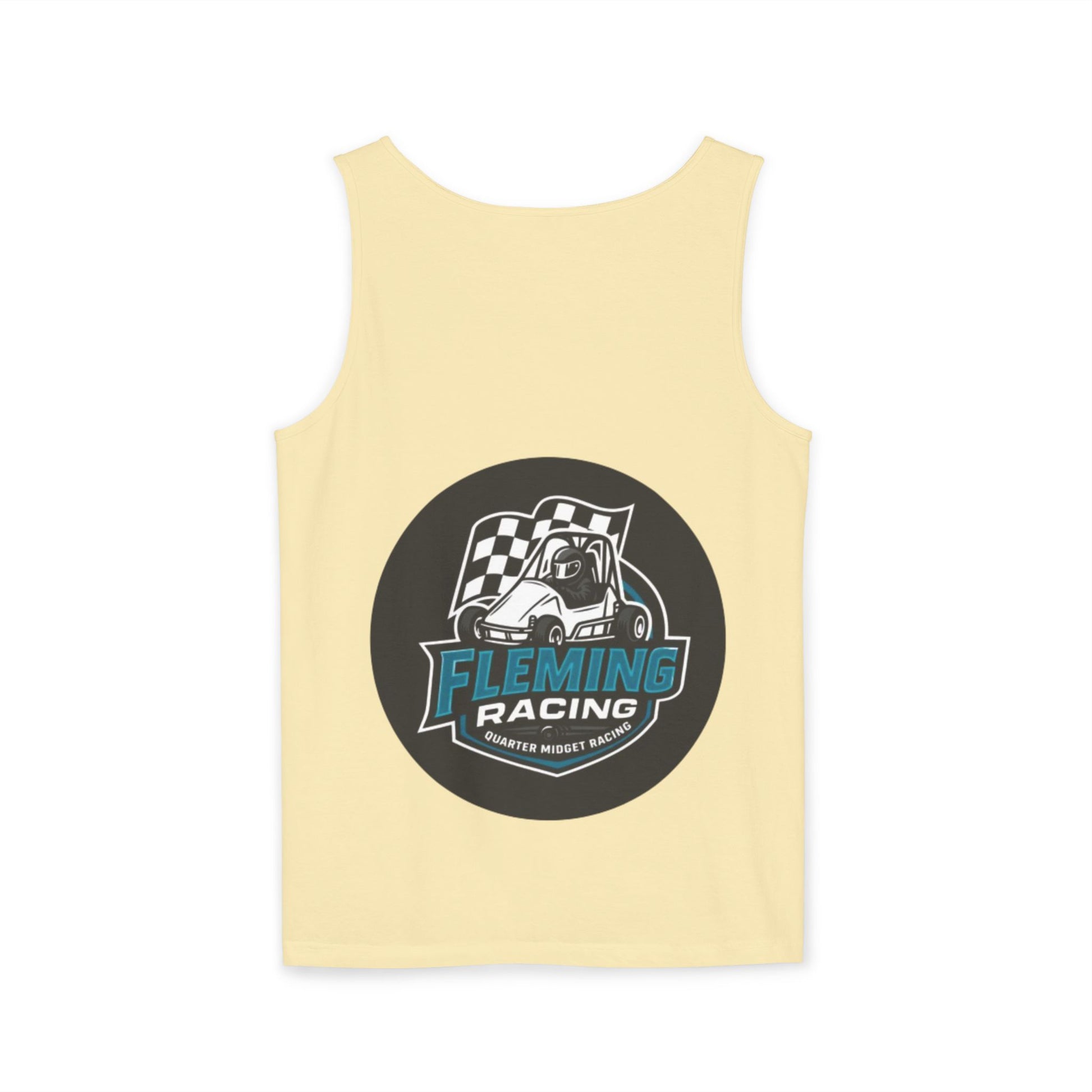 Light yellow racing tank top with round motorsports graphic logo print