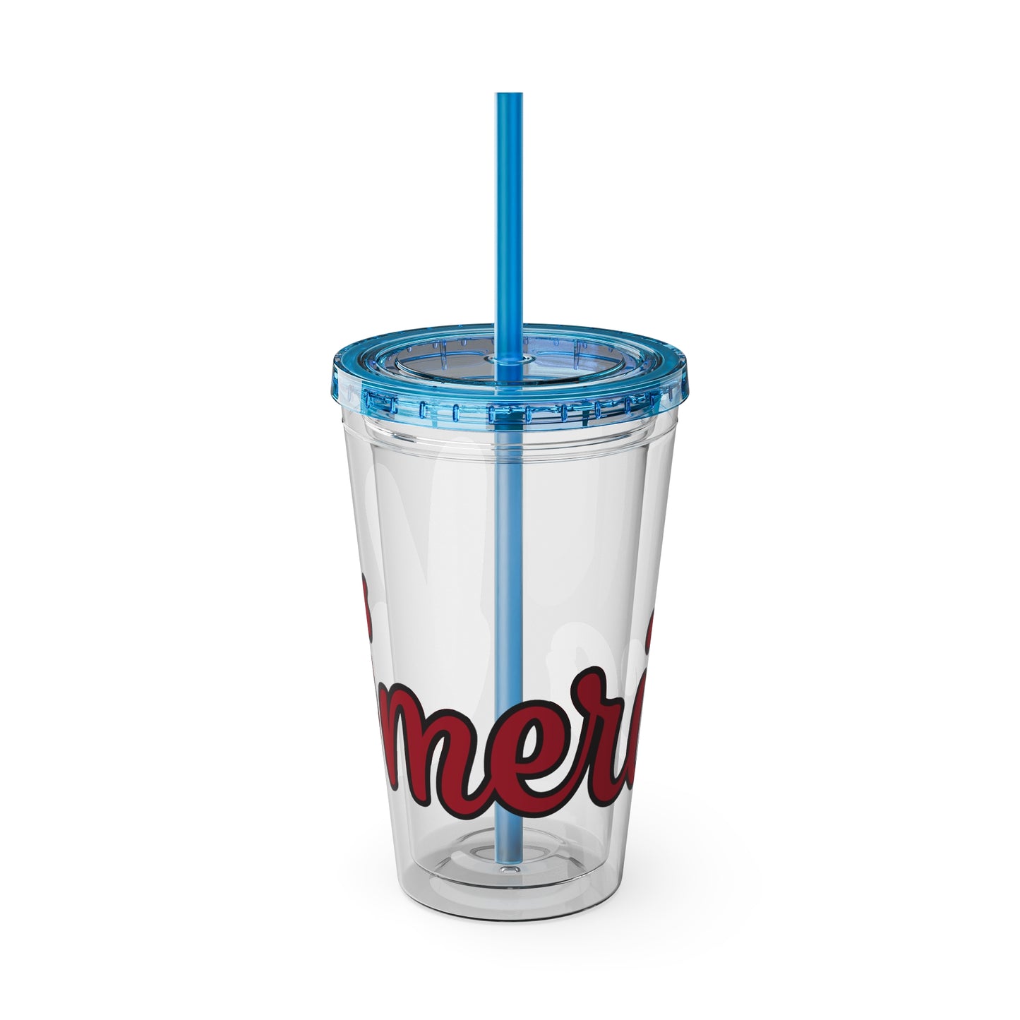 Clear 16oz tumbler with lid and light blue straw, red and black "mer" graphic