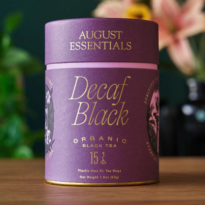Decaf Black organic black tea tin, purple canister with gold lid