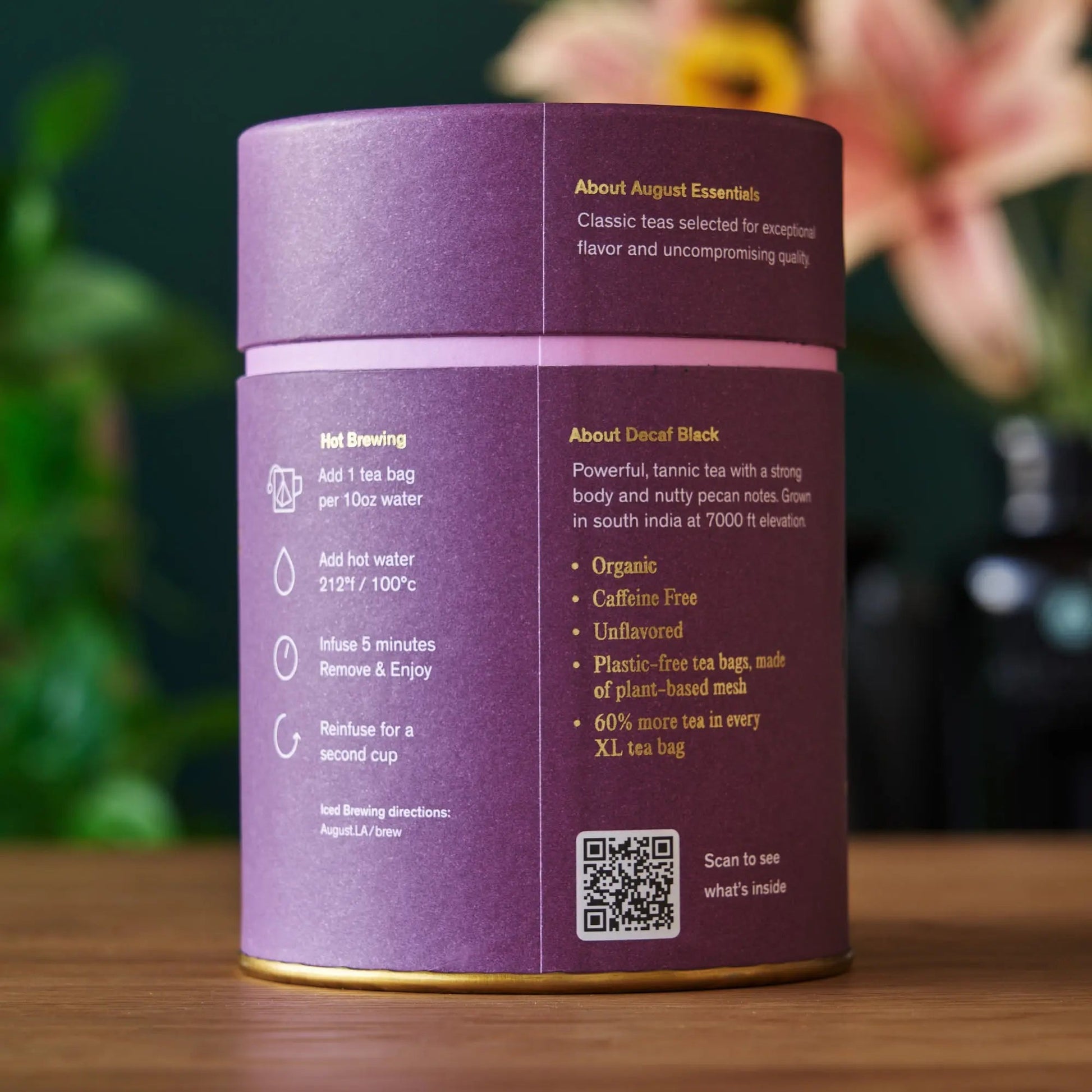 Decaf black tea canister back label with brewing directions and product details