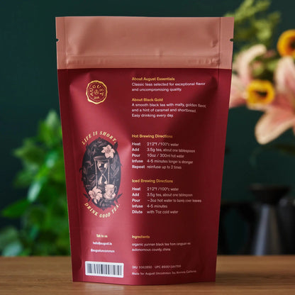 Black tea pouch, August Essentials Black Gold back label and brewing directions