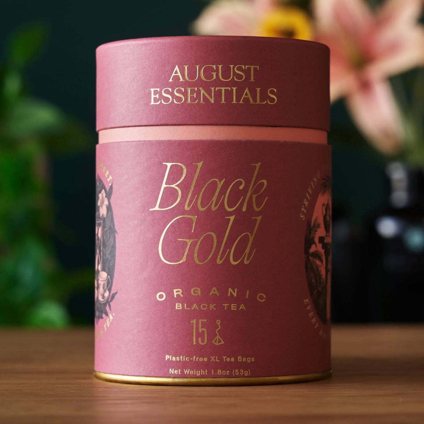 Black Gold black tea tin canister with August Essentials branding, 15 tea bags