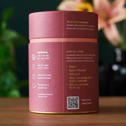 Black Gold black tea tin canister back label with brewing and ingredient info, 15 tea bags
