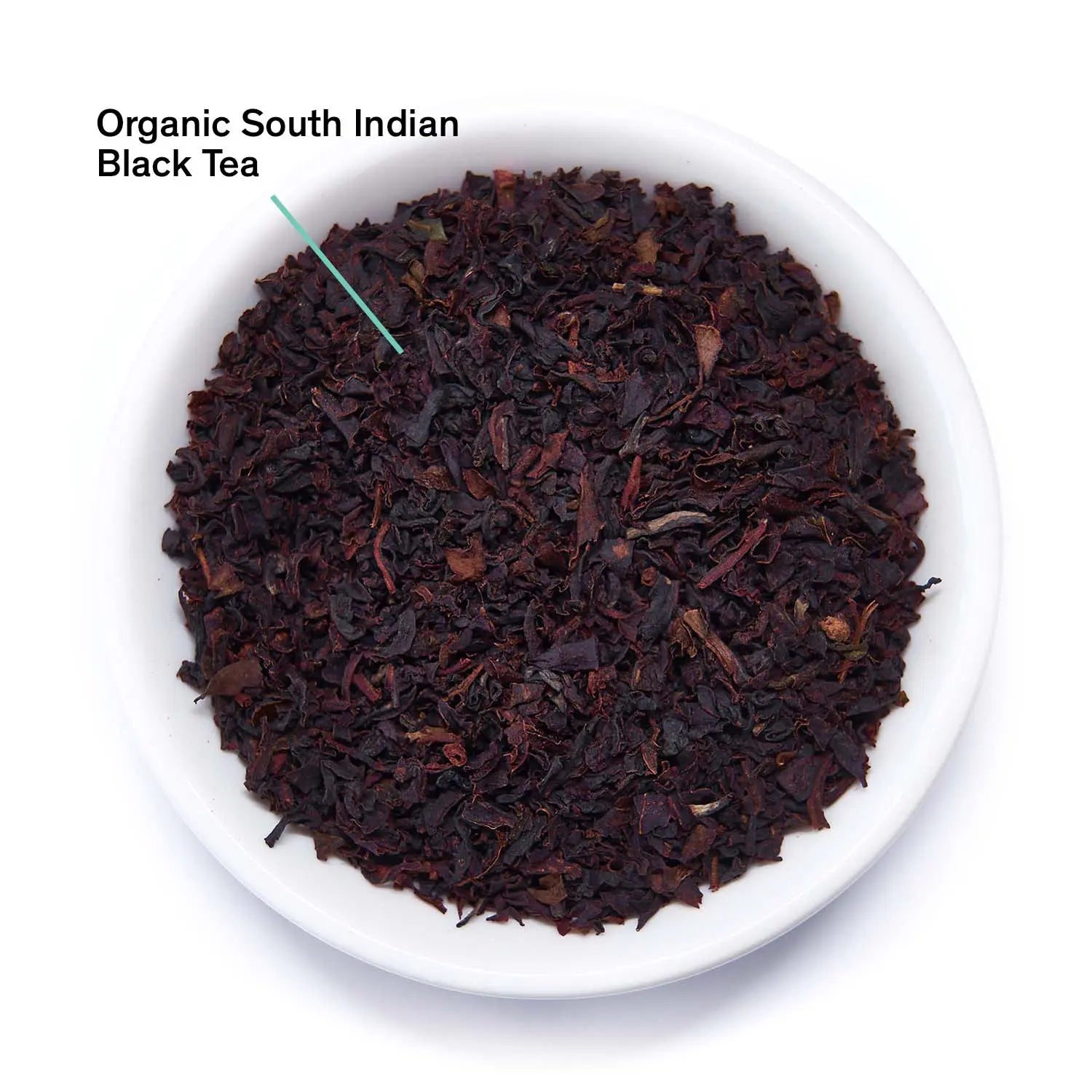 Loose organic black tea leaves in a white bowl