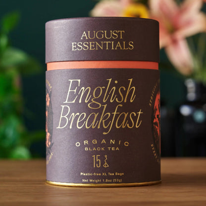 Organic black tea tin labeled English Breakfast, 15 tea bags