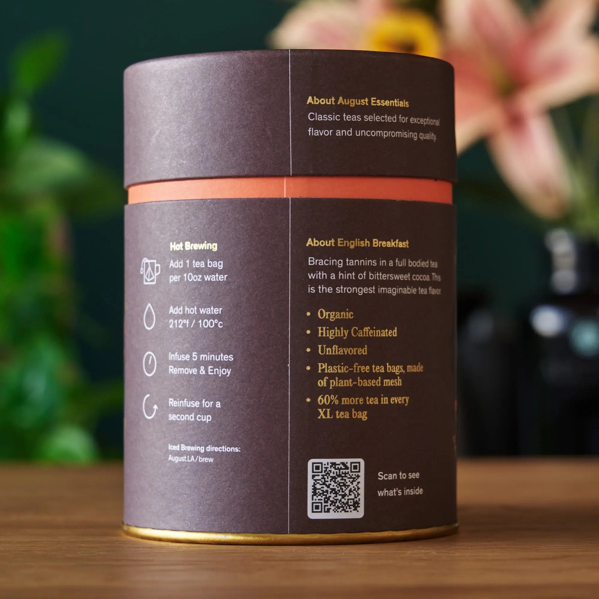 Organic English Breakfast black tea tin with brewing instructions on back
