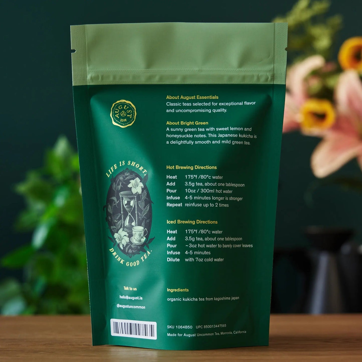 August Essentials green tea pouch back with brewing directions