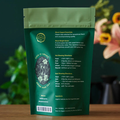 August Essentials green tea pouch back with brewing directions
