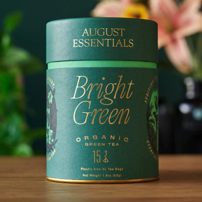 English Breakfast organic black tea tin, dark brown canister with gold lid