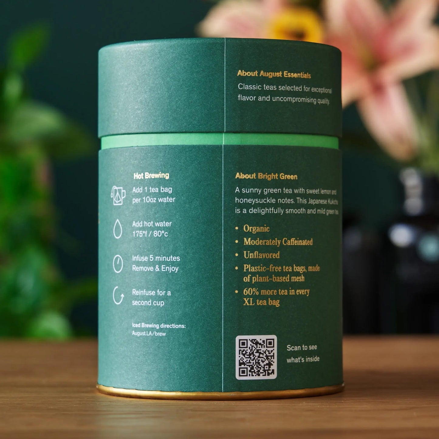 Bright Green green tea tin back label with brewing and ingredients details