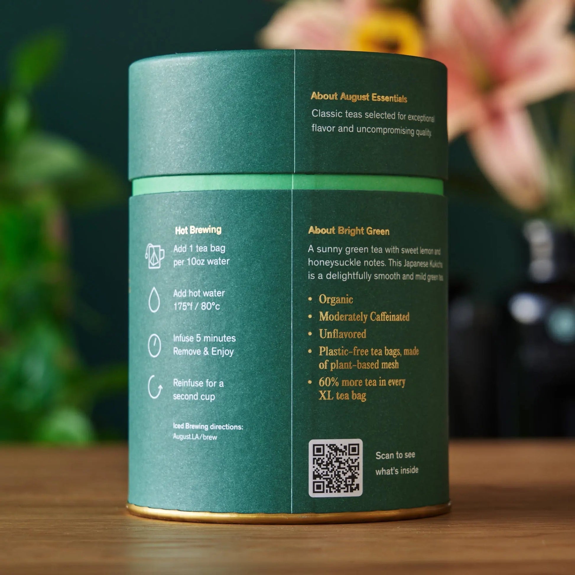 Bright Green green tea tin back label with brewing and ingredients details