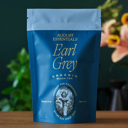 Blue pouch of Earl Grey black tea, standing upright