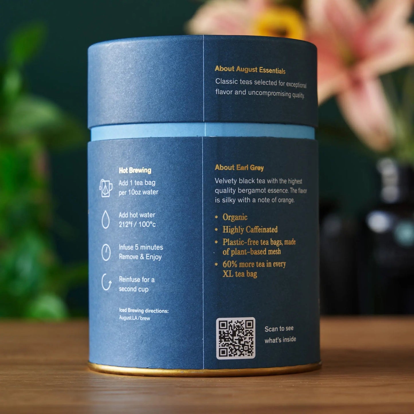 Black tea canister with brewing and ingredient information panel