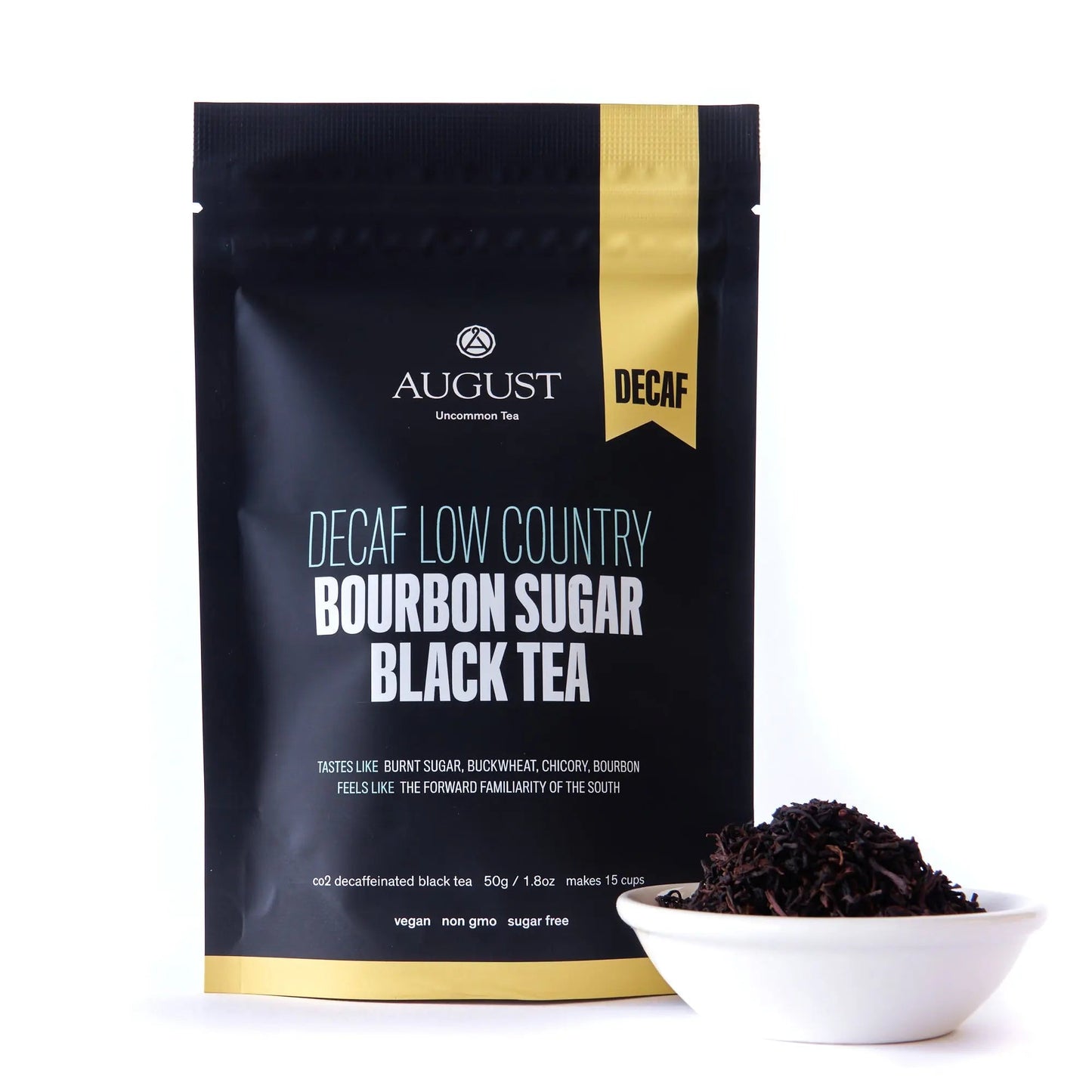 Decaf black tea tea pouch with gold and blue label