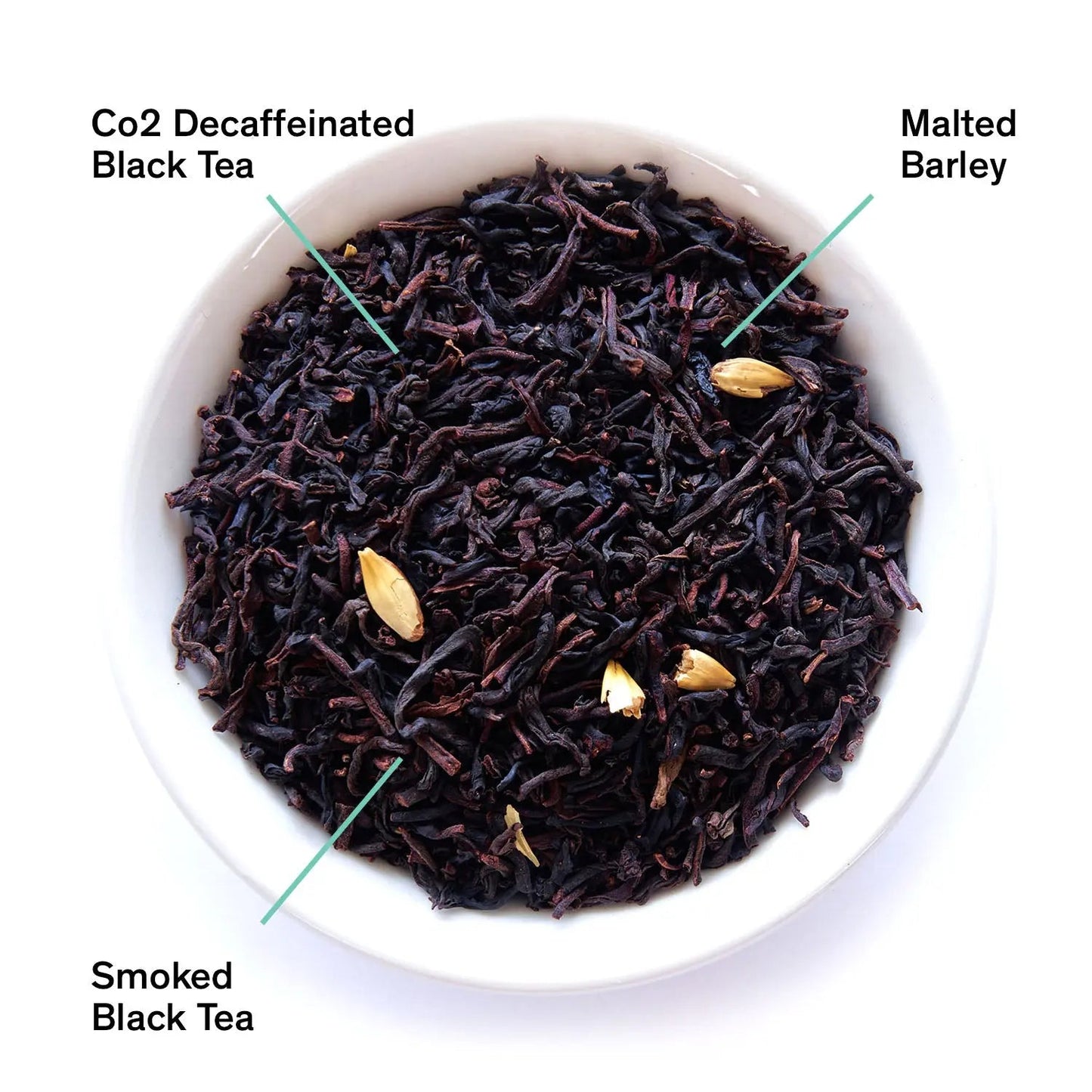 Decaf black tea leaves in white bowl