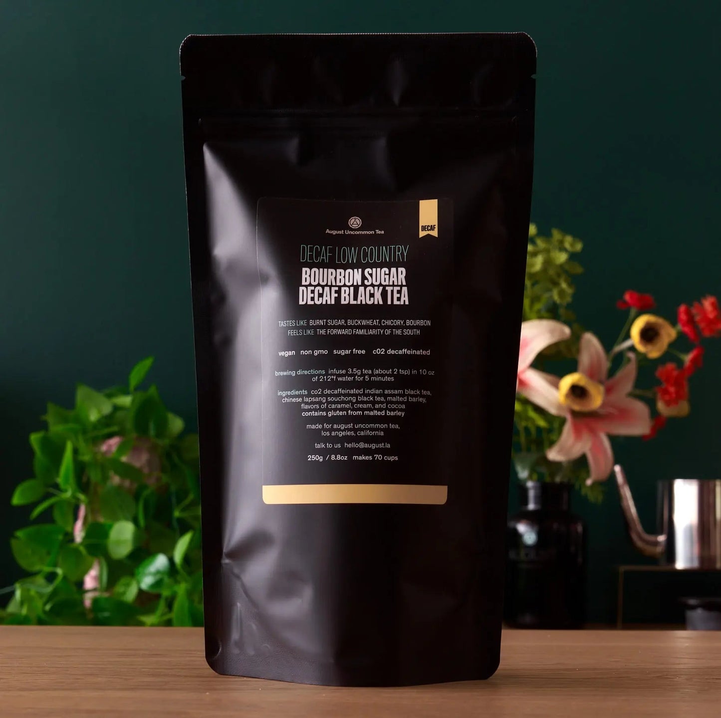 Stand-up tea pouch with back label for decaf black tea