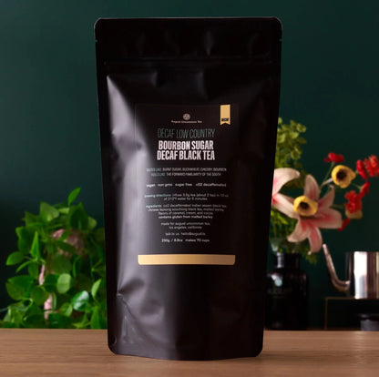 Stand-up tea pouch with back label for decaf black tea