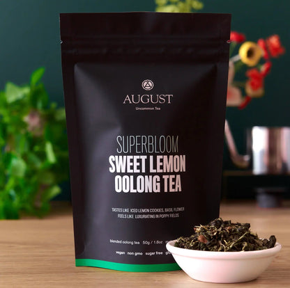 Sweet Lemon Oolong Green Tea pouch with lemon-flavored green oolong tea, front view.