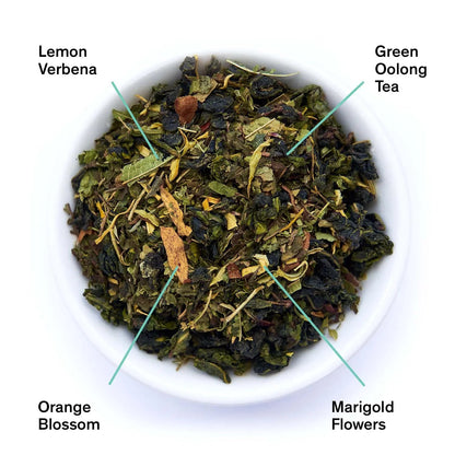 Green oolong tea leaves with lemon verbena, orange blossom, and marigold flowers.