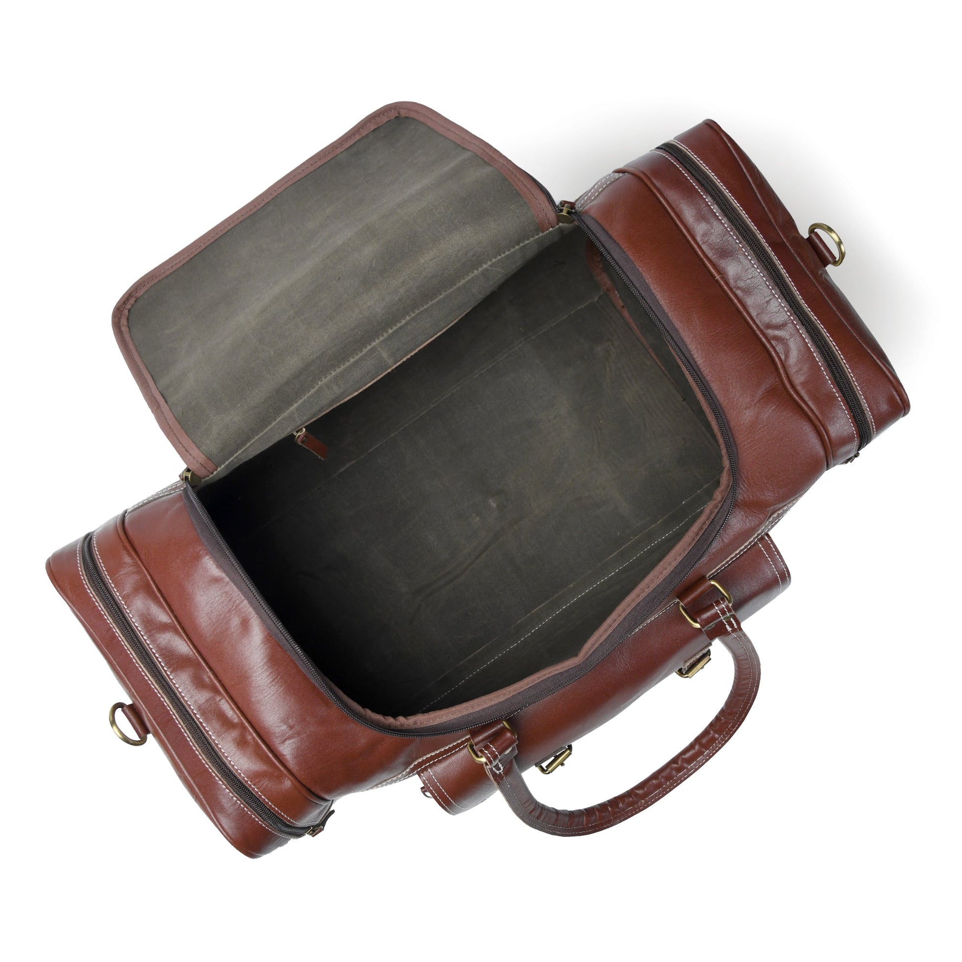 Open brown leather weekender duffel showing dark interior lining and top compartment