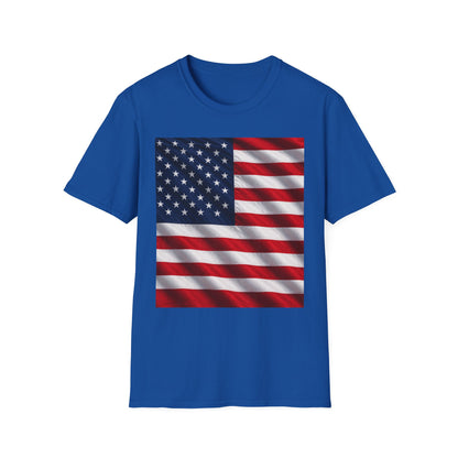 Graphic T-shirt, royal blue, square American flag print centered on front