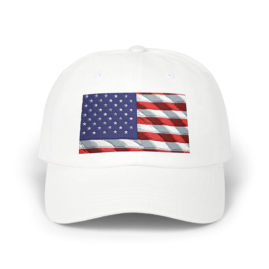 White dad cap with distressed American flag patch embroidery on front