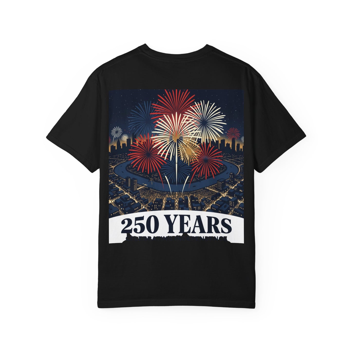 Black T-shirt with multicolor fireworks and 250 YEARS text graphic