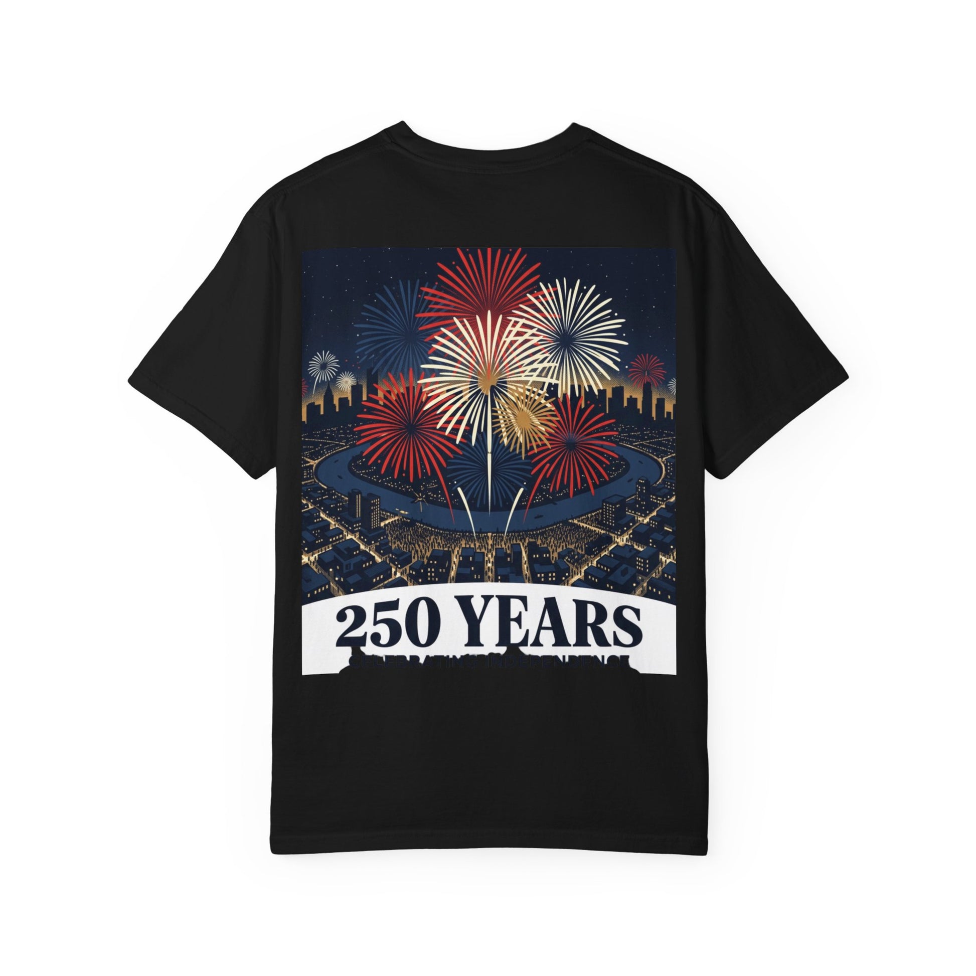 Black T-shirt with multicolor fireworks and 250 YEARS text graphic