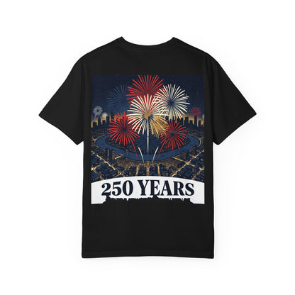 Black T-shirt with multicolor fireworks and 250 YEARS text graphic