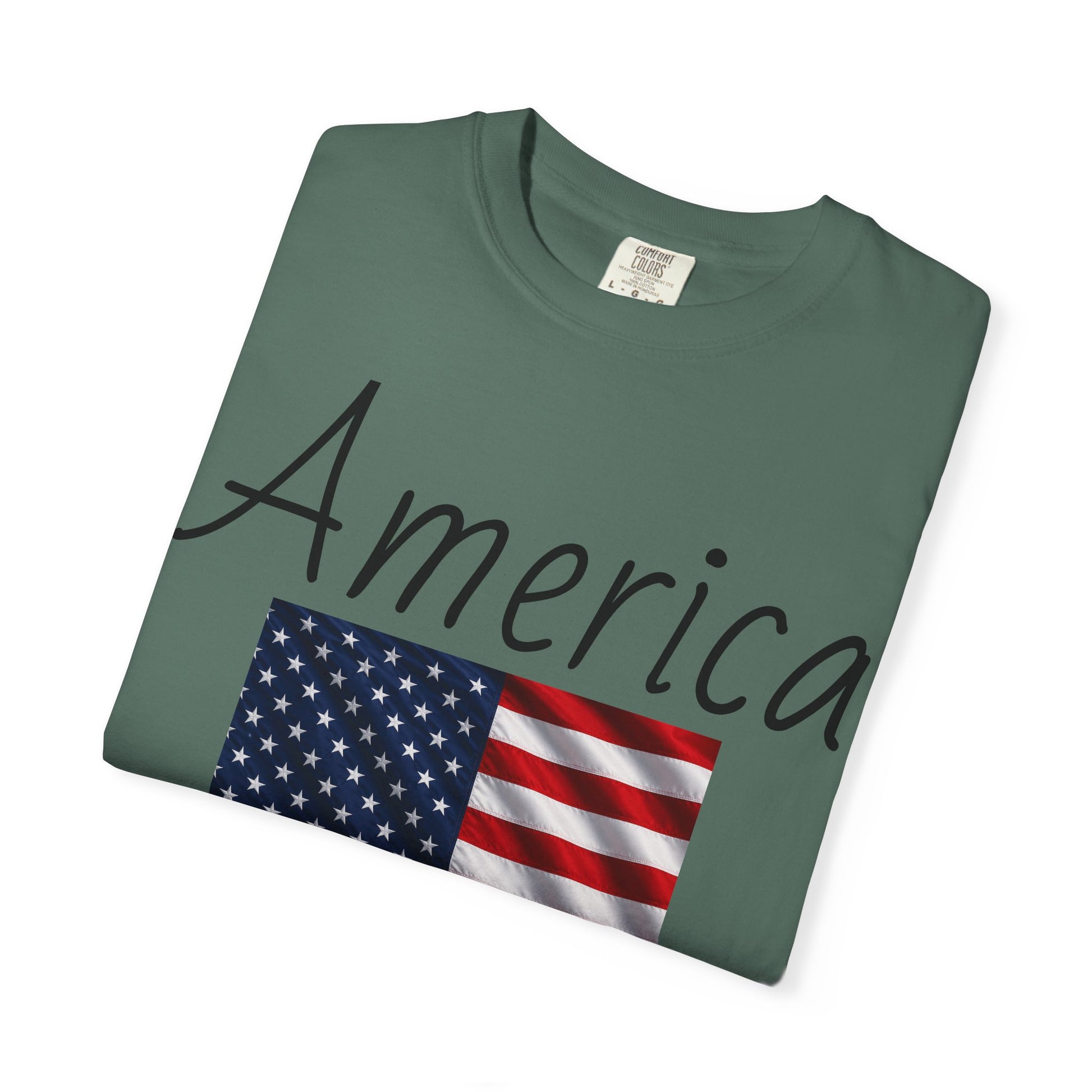 Teal unisex T-shirt with America script over U.S. flag graphic