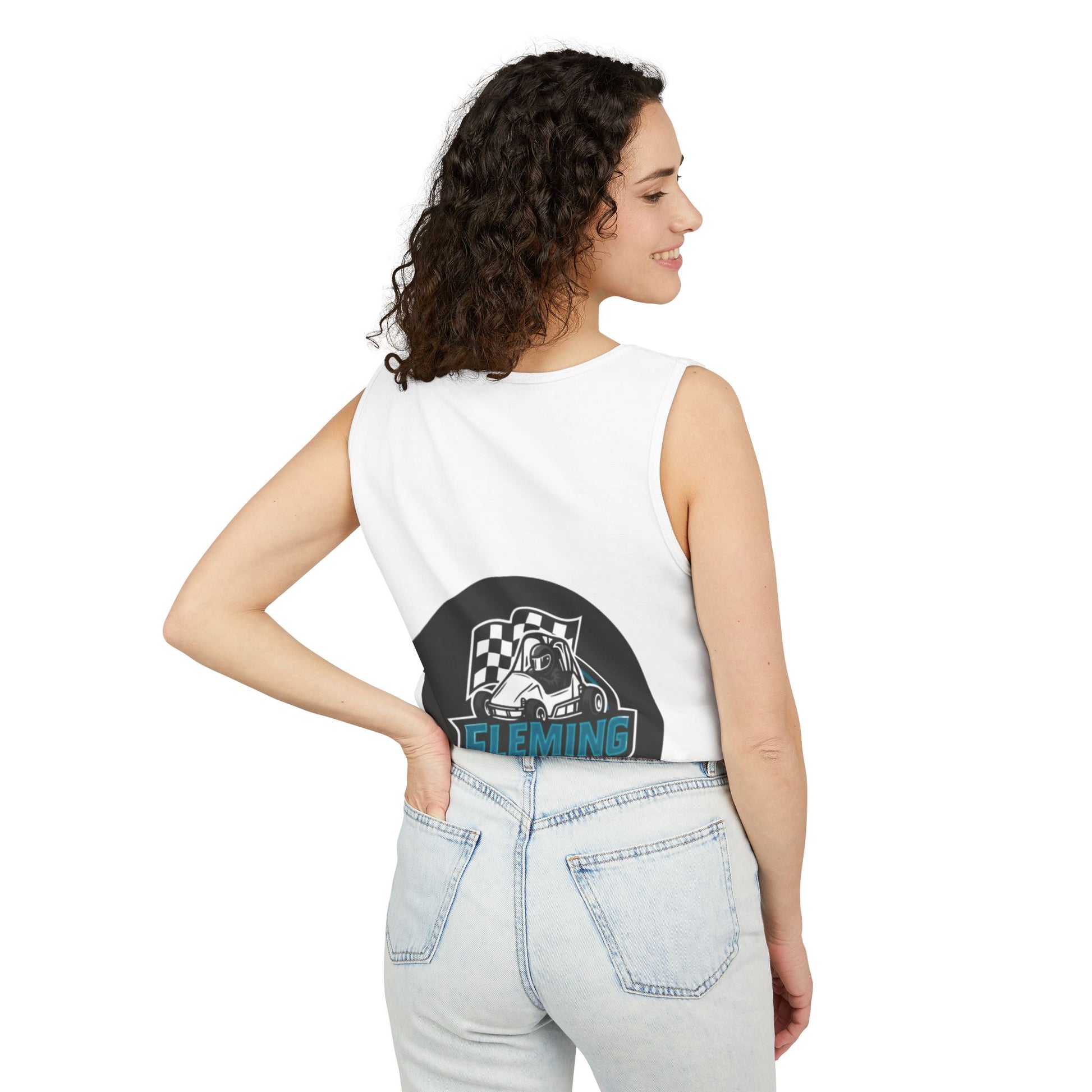 Back view of white racing tank top with Fleming Racing circular graphic