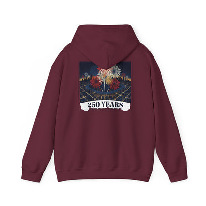 Maroon hoodie with “250 Years” fireworks graphic on back