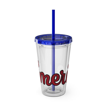 Clear 16oz tumbler with lid and dark blue straw, red and black "mer" graphic