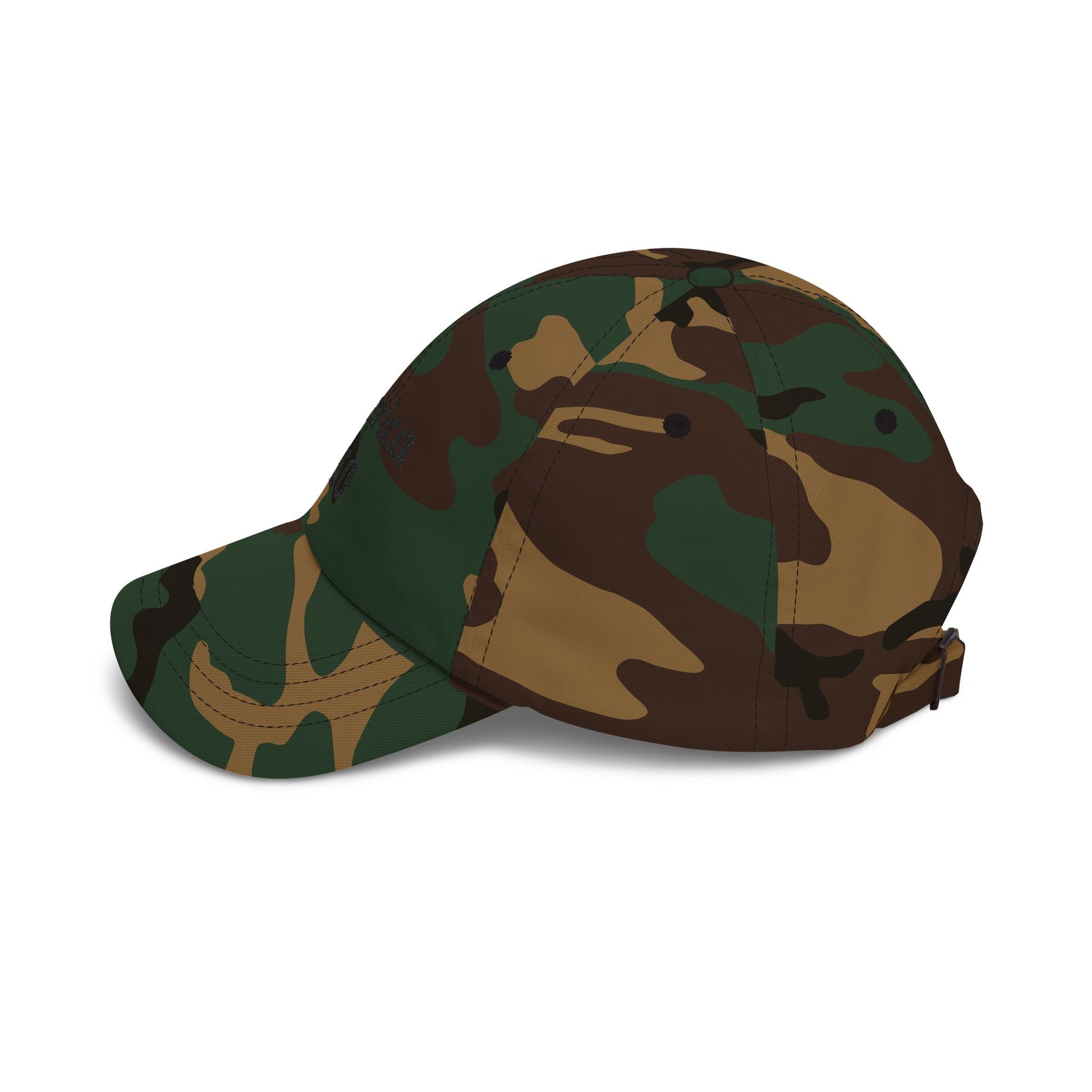 Camouflage dad cap, side view with curved brim and small ventilation eyelets